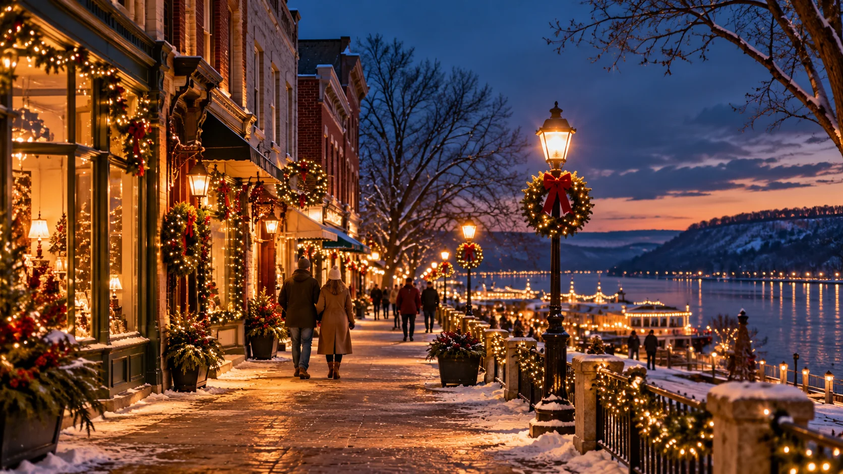 Concept image of winter holiday lights near the river