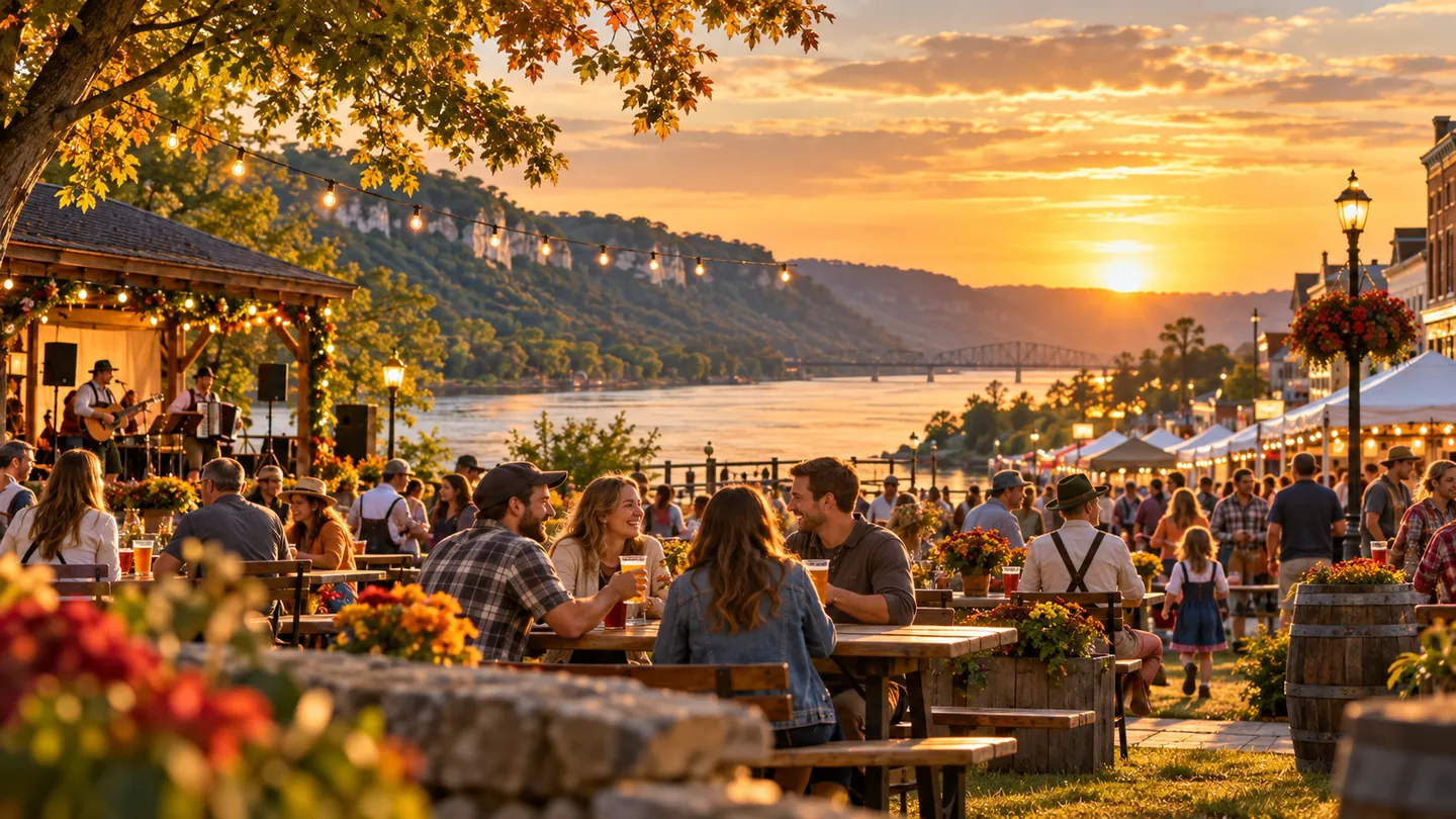 Illustrative autumn riverside German heritage festival with music and beer-garden tables; not actual event photography