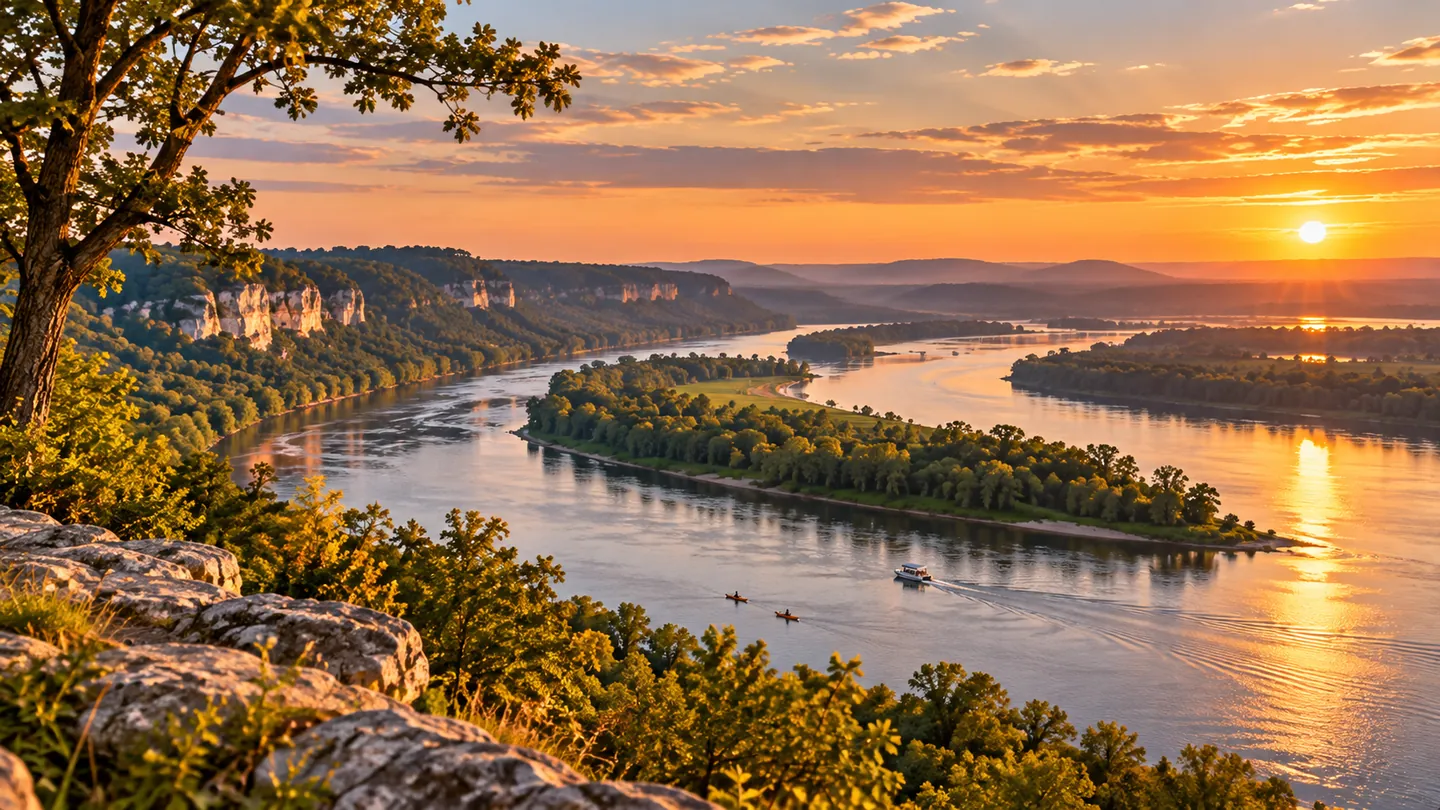 Concept image of a golden-hour Mississippi River valley overlook with wooded islands and small boats