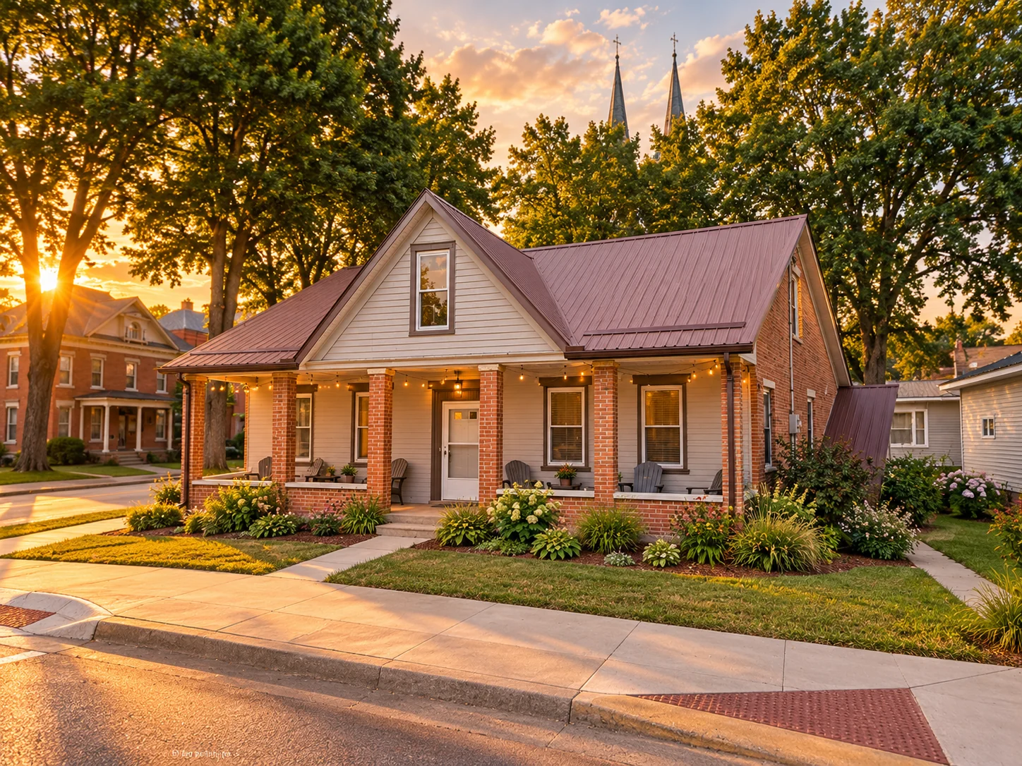Digitally composed golden-hour exterior image based on 115 Schiller exterior references, showing the metal roof and brick porch columns; this is a digitally composed image, not a current property photograph